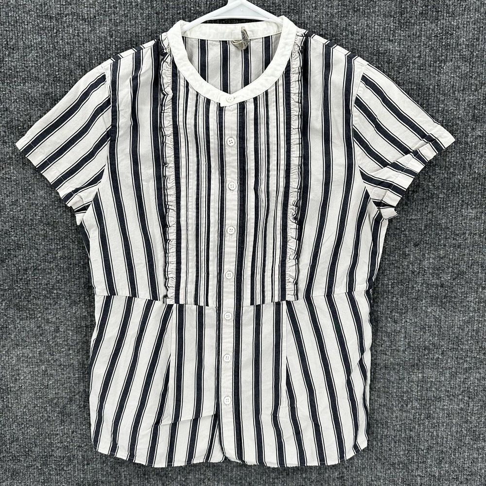 45RPM Umii 908 Japan Top Womens 1 Gray Blue Striped Ruffles‎ Short Sleeve